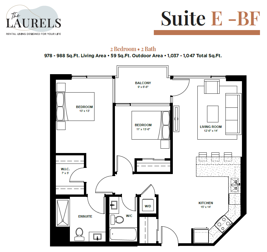 Floor plan for 2 beds, 2 baths, 978 sqft